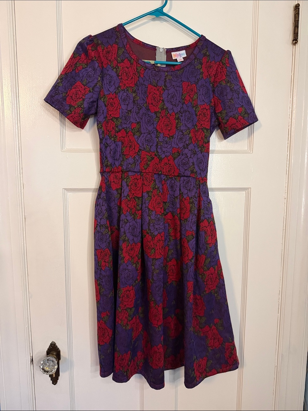 LuLaRoe Purple Dress with Red Rose Print